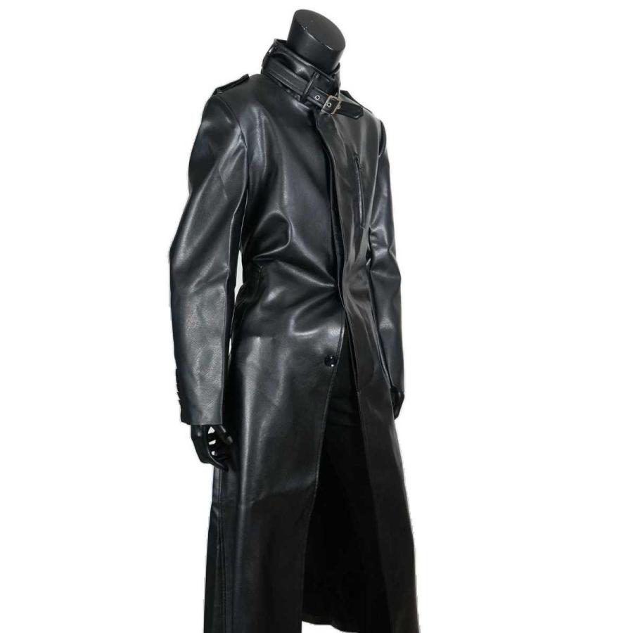 送料無料】メンズ PU レザー スタンドカラー ロング コート アウター