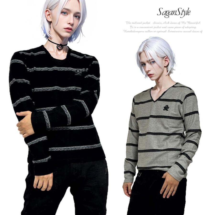 送料無料】メンズ 男性 トップス ミックスボーダー長袖Tシャツ V
