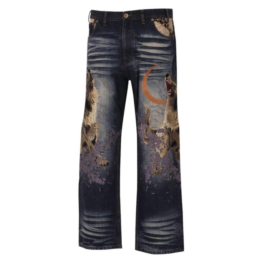 デニムパンツ 和柄 刺繍 大きいサイズ メンズ ジーンズ 絡繰魂 狼迫撃