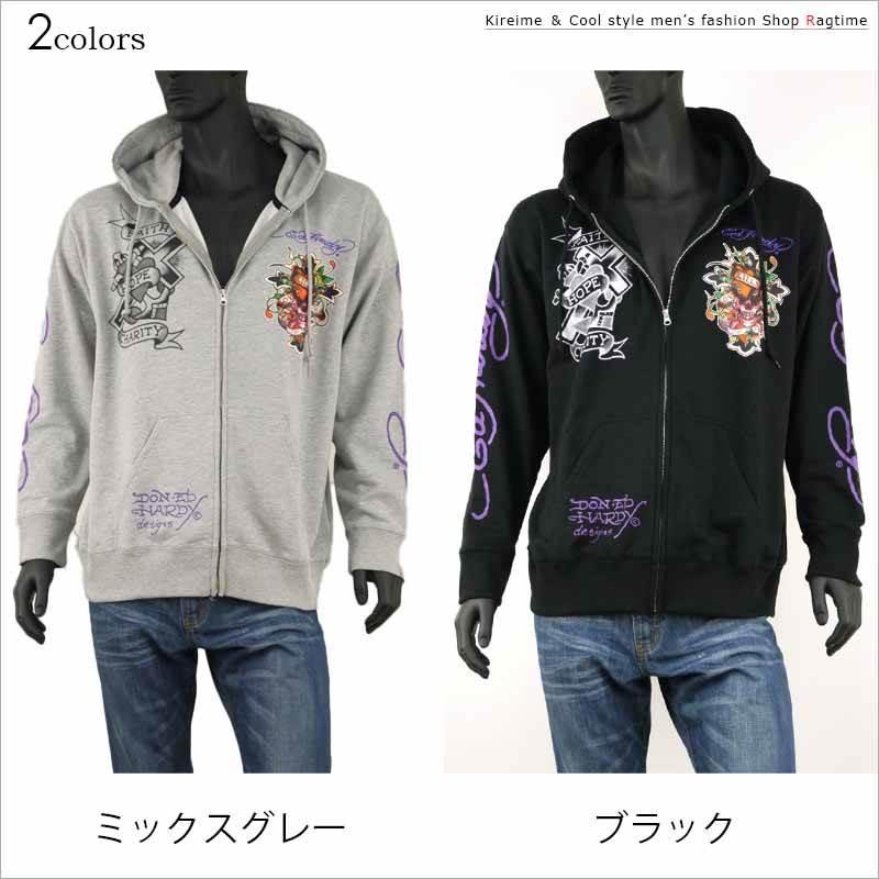 パーカー 大きいサイズ メンズ Ed Hardy ドクロ スカル プリント 刺繍