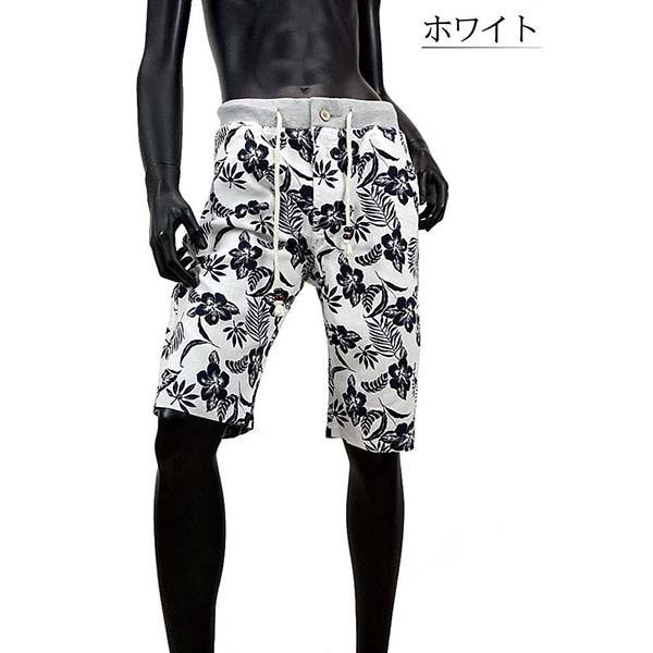 ハイビスカス柄ショートパンツ プリペラ生地 ハーフパンツ ウエスト