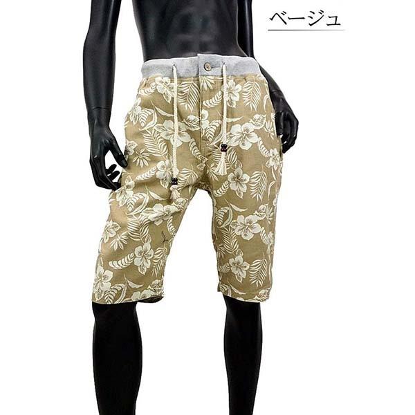 ハイビスカス柄ショートパンツ プリペラ生地 ハーフパンツ ウエスト
