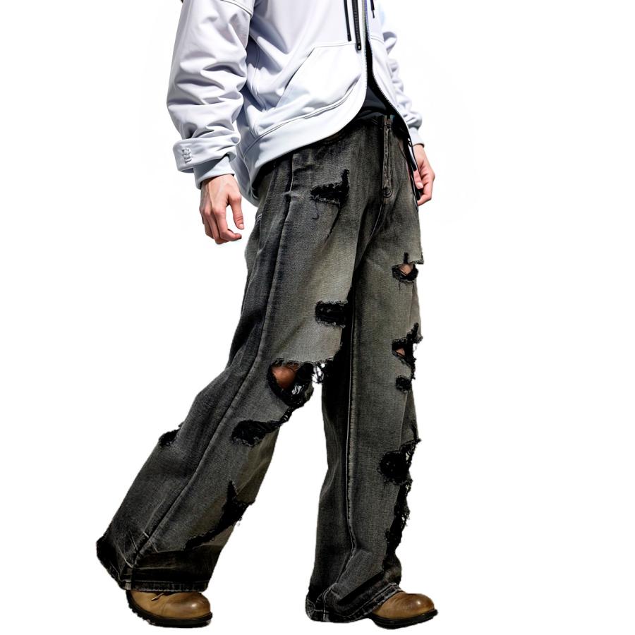 HALB TETE HOMME オーバサイズ ボタンフライ クラッシュ デニム HALB TETE HOMME オーバサイズ ボタンフライ クラッシュ デニム