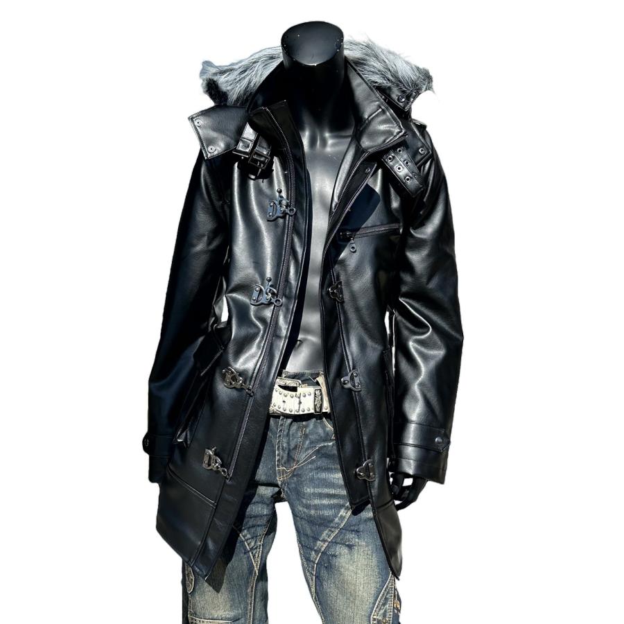 新品 近い 美品 セマンティックデザイン ファー レザー コート ジャケット M 送料無料】 ファイヤーマン コート メンズ ミリタリーコート PUレザー