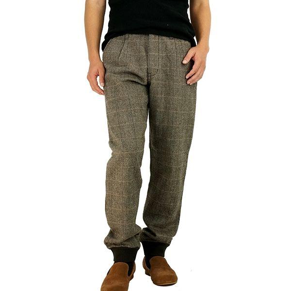 ウールパンツ メンズ リブパンツ タックパンツ チェック パンツ nsg10