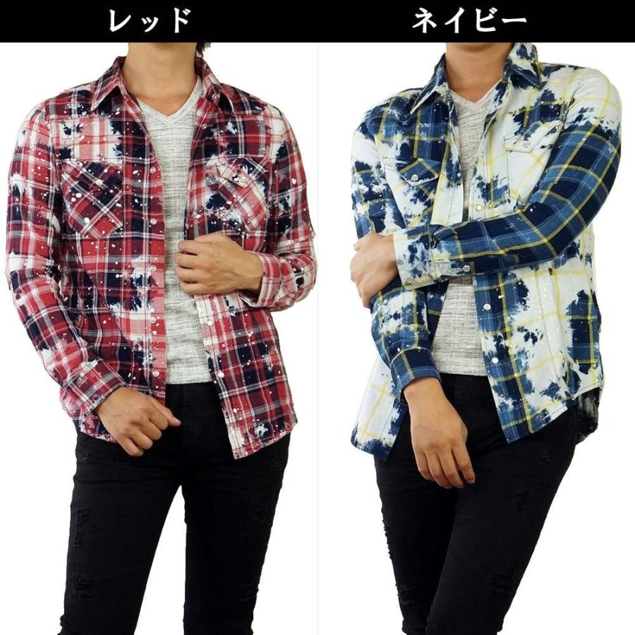 チェックシャツ ムラ染め ペイント メンズ ネルシャツ スナップボタン