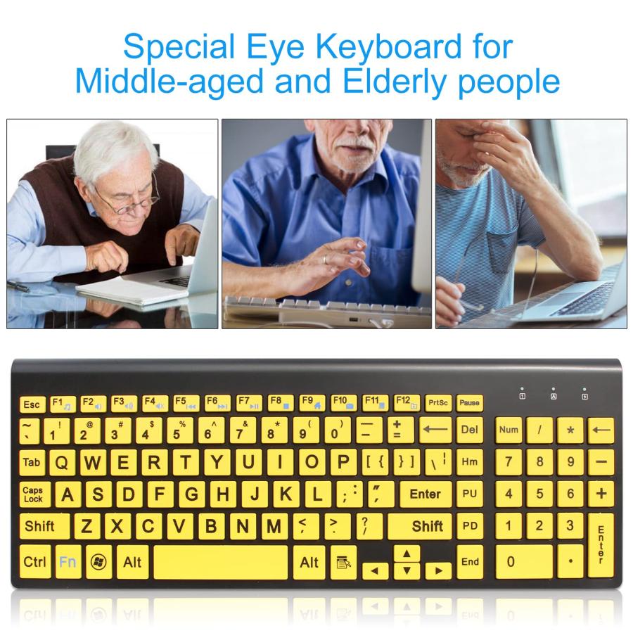 視覚障害者のためのUSBレシーバ付きワイヤレス大型印刷キーボードとマウスのコンボセット黄色｜saharacanvas｜02