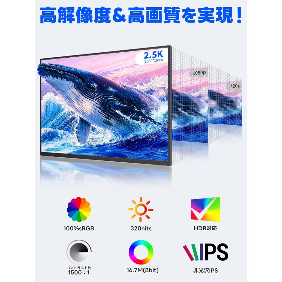 モバイルモニター 16インチ 2.5K 2560×1600 16:10 WQXGA 非光沢IPS