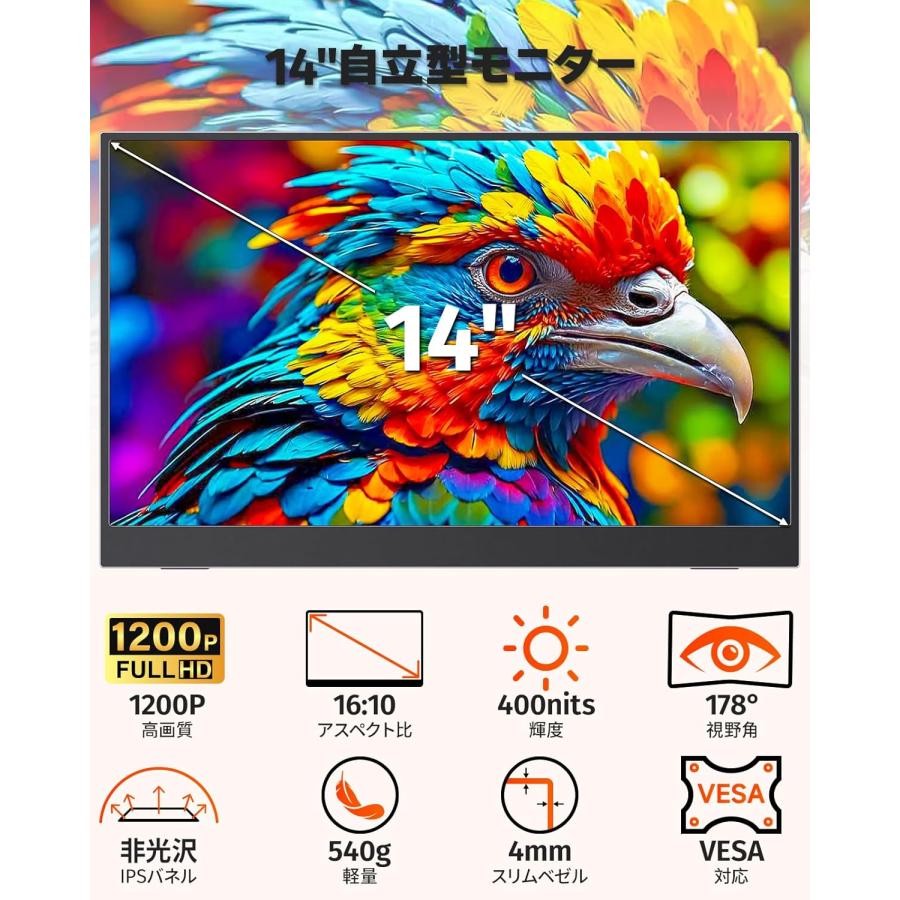 モバイルモニター 14インチ 1920x1200 16:10 非光沢 IPS 100%sRGB