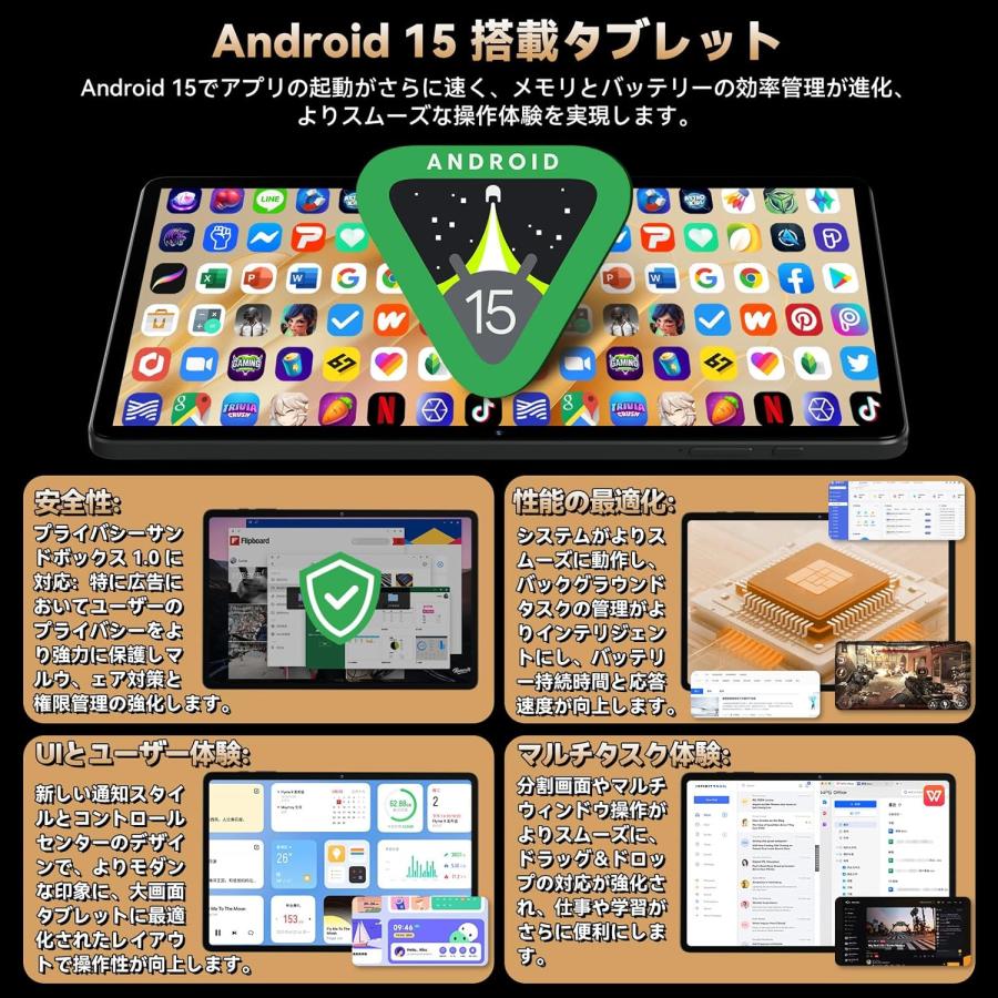 Androidタブレット 11インチ WiFi+BT5.0+GPS対応 Android 15搭載 SIM