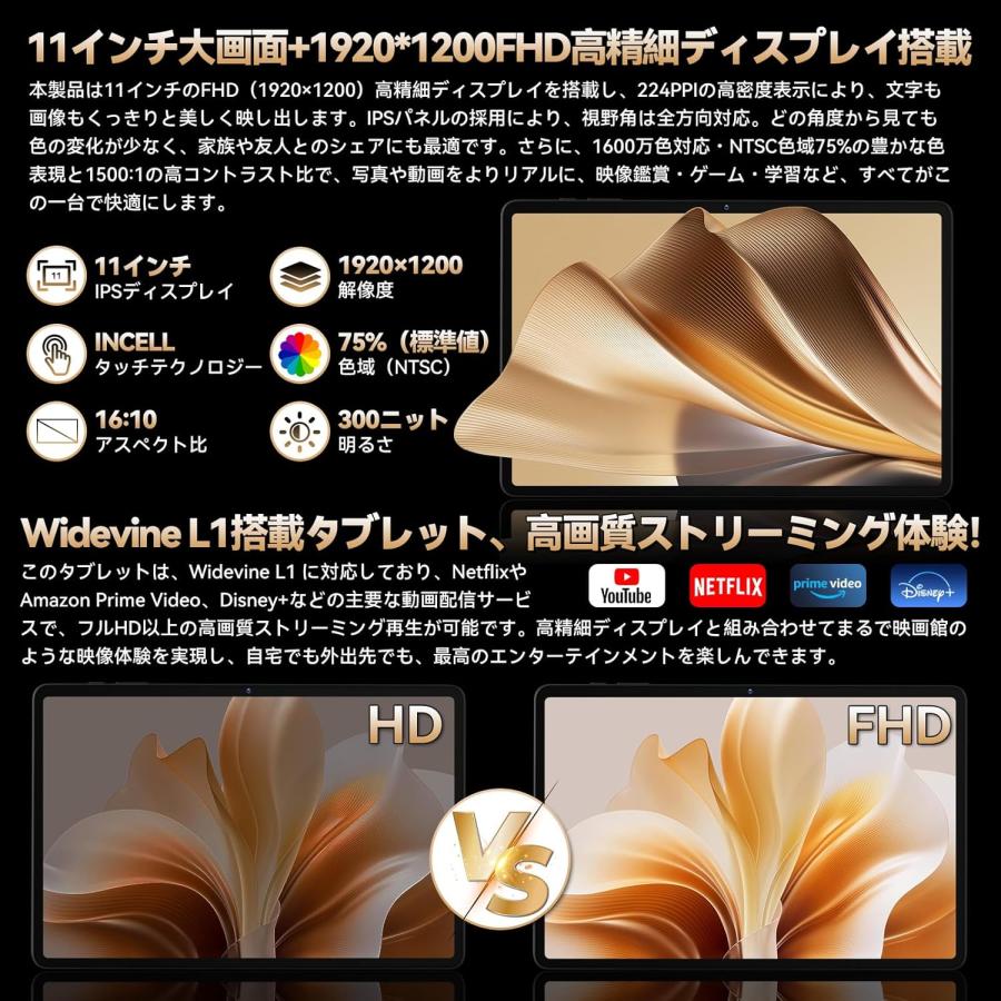 Androidタブレット 11インチ WiFi+BT5.0+GPS対応 Android 15搭載 SIM