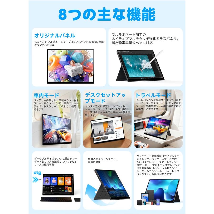 モバイルモニター 12.3インチ タッチパネル 1920x1280 3:2 100%sRGB 広