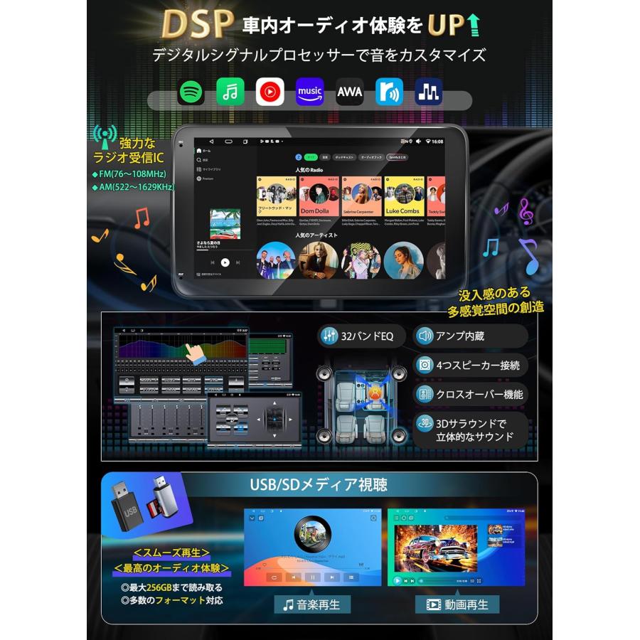 Android ディスプレイオーディオ 8コア 4+64G WIFI SIM USBネット 無線