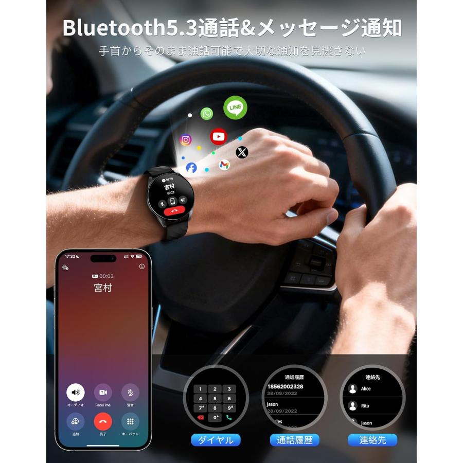 メンズ レディース スマートウォッチ 1ATM防水 スポーツウォッチ 運動軌跡記録 丸型腕時計 ロングバッテリー 24時間睡眠管理 Bluetooth5.3通話 メッセージ通知の画像
