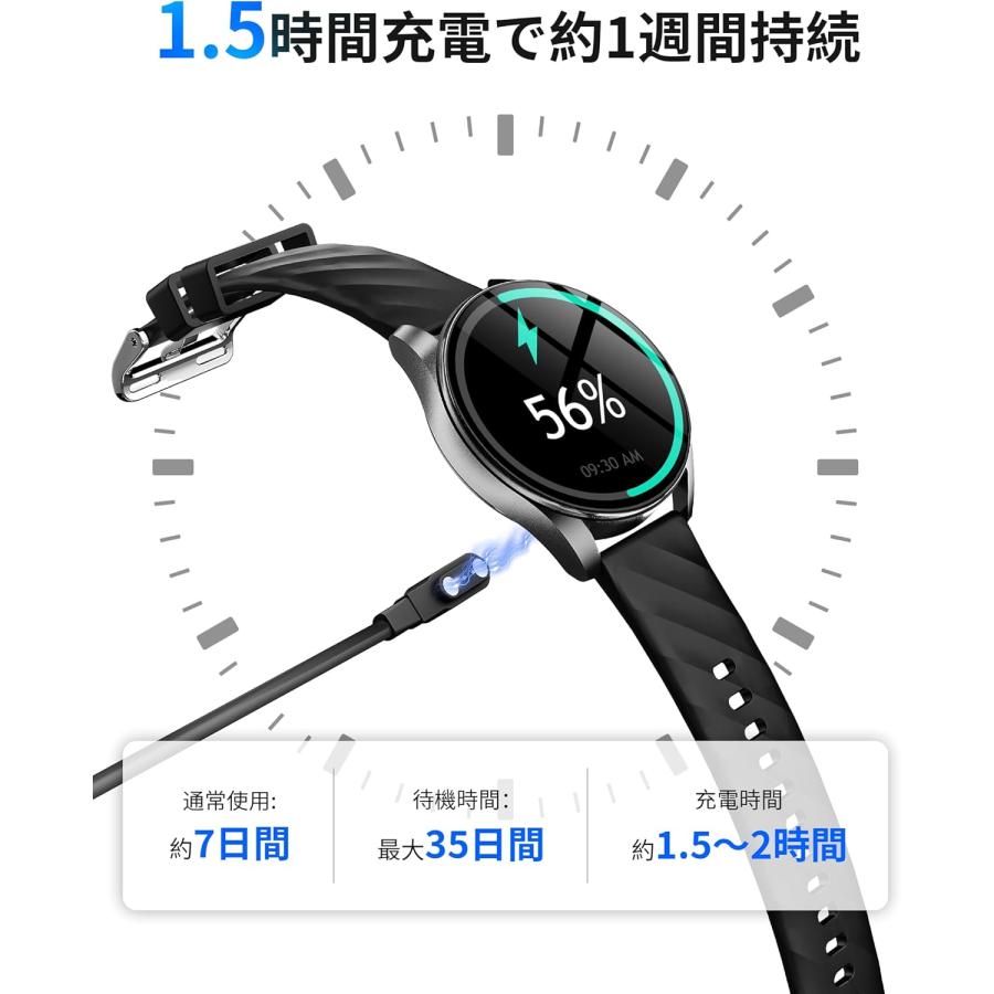 メンズ レディース スマートウォッチ 1ATM防水 スポーツウォッチ 運動軌跡記録 丸型腕時計 ロングバッテリー 24時間睡眠管理 Bluetooth5.3通話 メッセージ通知の画像
