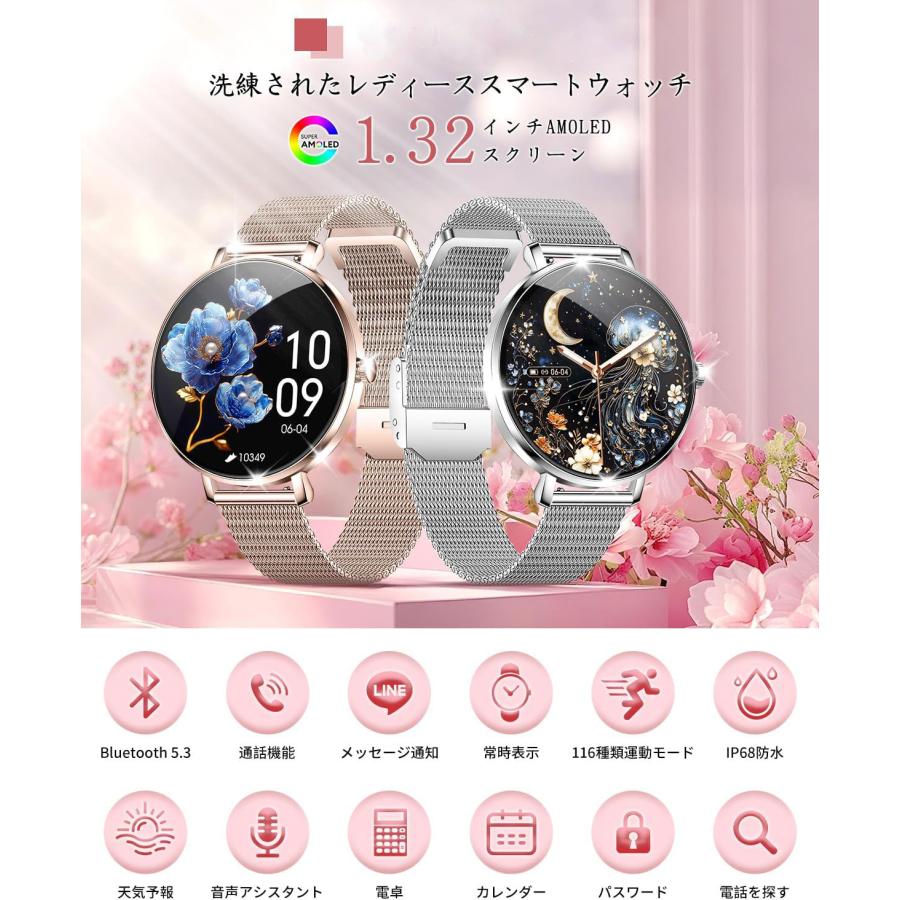 スマートウォッチ 超小型球面 1.32インチ AMOLED画面 2種バンド付き 丸