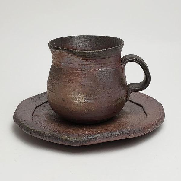 備前焼 岡部享憲 作 珈琲碗皿（岡部-05）| おしゃれ 日本製 和食器 陶器 コーヒーカップ コーヒー碗皿 珈琲カップ 父の日 母の日 プレゼント ギフト 作家