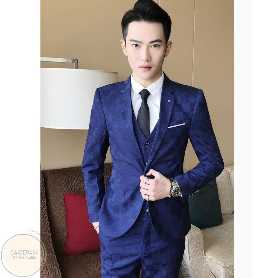 チェック柄 メンズスーツ 3ピーススーツ スリム セットアップ タキシードスーツ ビジネス フォーマルスーツ 二次会 卒業式 就職活 成人式 春秋冬 結婚式 大人気定番商品 3ピーススーツ