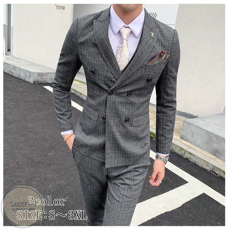 今日の超目玉 3ピーススーツ ダブルボタンスーツ タキシードスーツ チェック柄 メンズスーツ 就職活動 卒業式 成人式 結婚式 ビジネススーツ セットアップ ビジネススーツ 結婚式 就職活動 成人式 二次会 フォーマル ビジネススーツ Print Kwatri Com