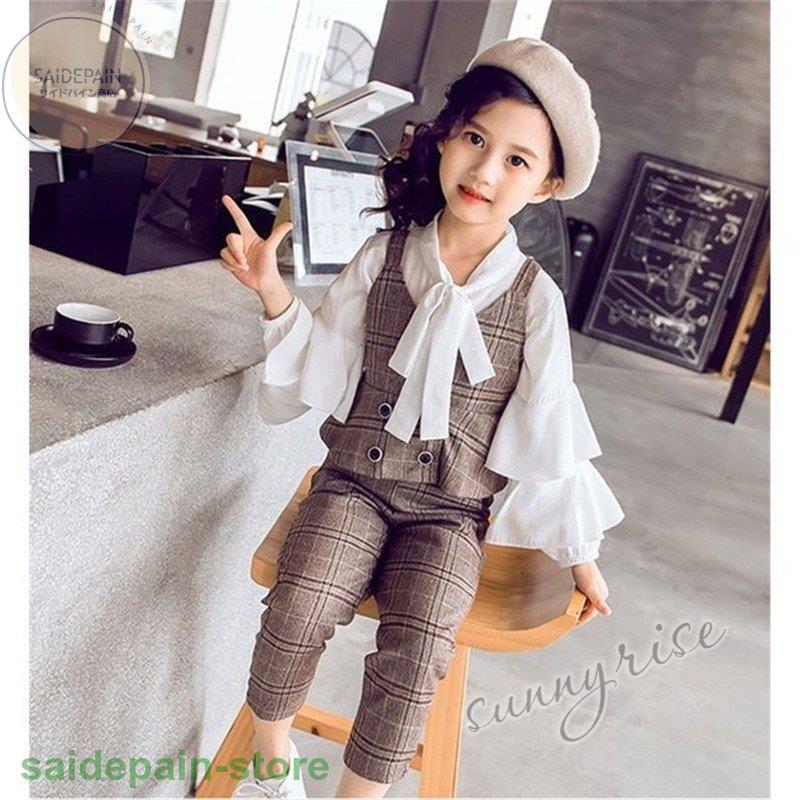 子供スーツ フォーマル 3点セット おしゃれ キッズ シャツ セットアップ チェック柄 ブラウス 入学式 卒業式 可愛い 女子 子供服 春秋 通学着 長ズボン 長袖 ブランド激安セール会場 女子