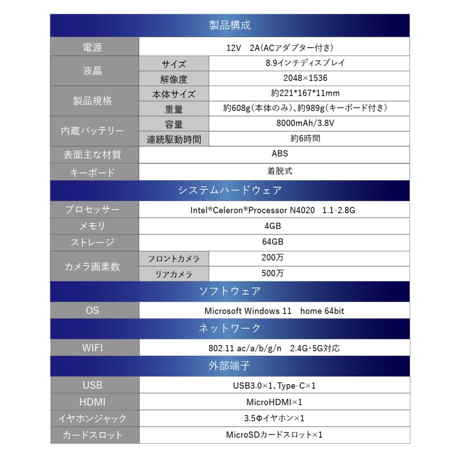 サブPCに！タブレットWin11公式サポート/SSD/4G/無線/カメラ