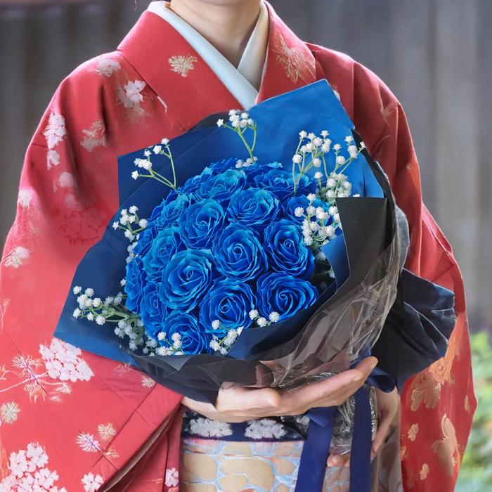 ソープフラワー ブルーローズ 花束 20本 光る花束 LEDライト付き 青い