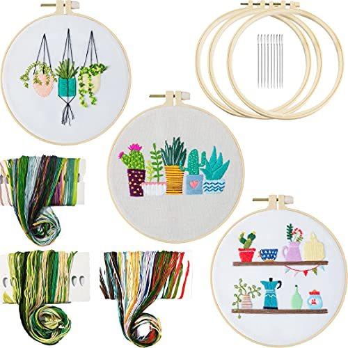 3 Pack Embroidery Kit with Pattern and Instructions for Beginners Plants Fl