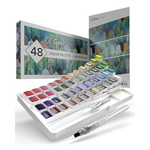 高評価！ Watercolor Premium 48 Includes - GenCrafts by Pad Paper Bonus with Palette 水彩絵具