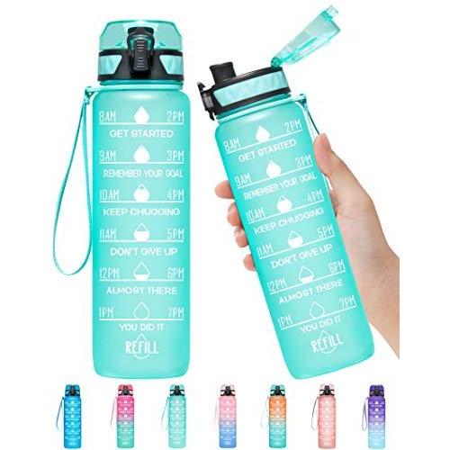 Elvira 32オンス モチベーション向上 フィットネス スポーツウォーターボトル タイムマーカー 取り外し可能なストレーナー付き 素早い流れ フリ