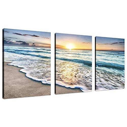 【名入れ無料】 QICAI 3 Panel Canvas Wall Art for Home Decor Blue Sea Sunset White Beach Pa ボード付属品、パーツ