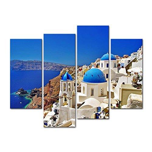 So Crazy Art ギリシャ サントリーニ島 壁アート 装飾 地中海 ブルー ホワイト ハウス 海 キャンバス 絵画 アートワーク 4パネル 北