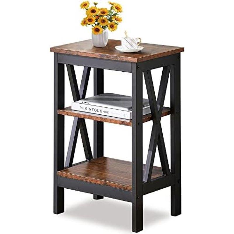 VECELO サイドテーブル 2つ角型バスケット付き ベッドサイド