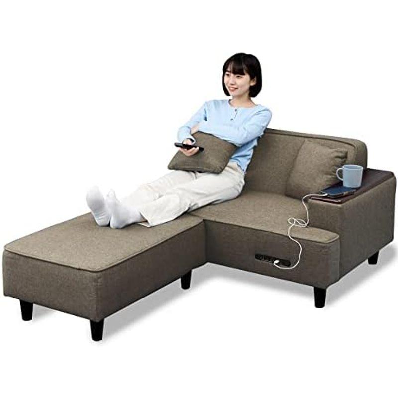 山善 ソファ (カウチソファ) 2人掛け 木製肘掛け/2口コンセント