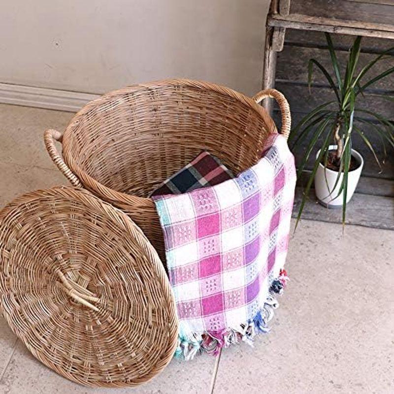 ランドリーバスケット 収納カゴ ラタン（籐）蓋つきラウンドバスケット 高さ38cm Rattan Large basket, Thailan｜saikou2021｜03