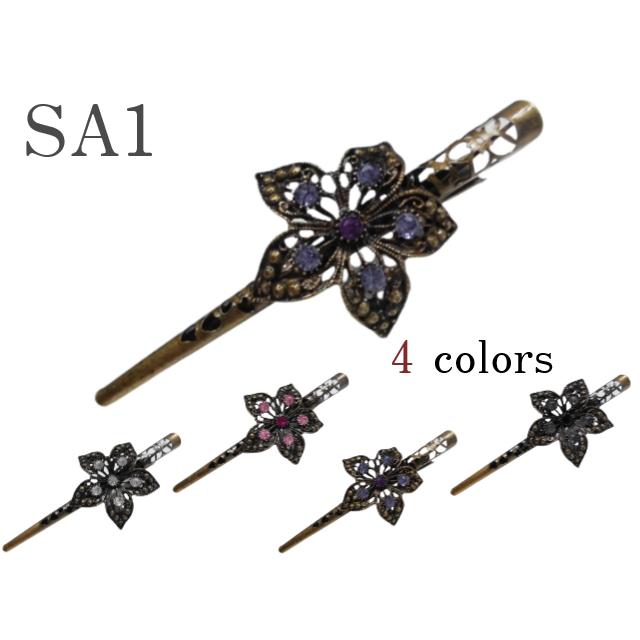 送料無料 ヘアクリップ 花飾りストーン付きコンコルドクリップ 古美