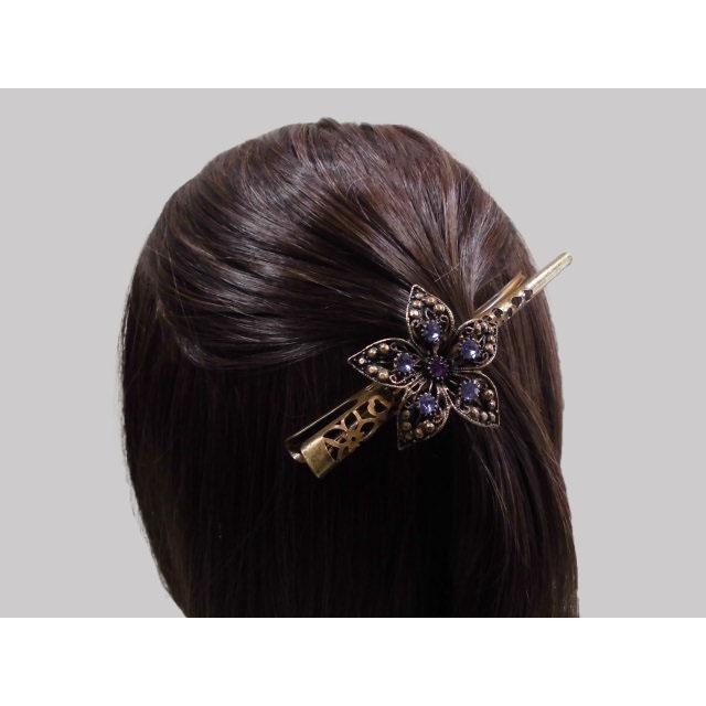 送料無料 ヘアクリップ 花飾りストーン付きコンコルドクリップ 古美