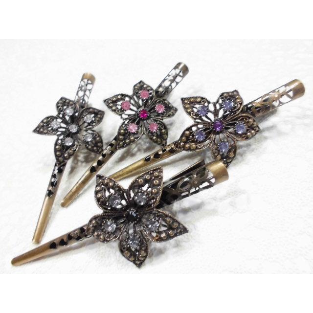 送料無料 ヘアクリップ 花飾りストーン付きコンコルドクリップ 古美