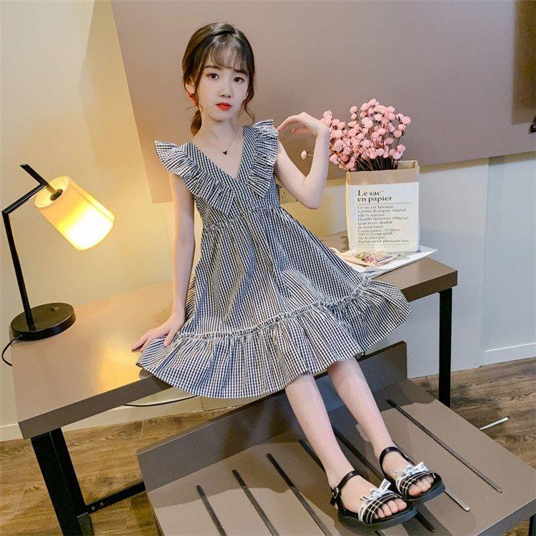 注目ショップ ブランドのギフト 春夏 ワンピース 女の子 安い おしゃれ 子供服 ワンピース 新 カジュアル 可愛い おしゃれ お姫様 ジュニア 子供ドレス フリル チェック柄 Vネック キッズワンピース 夏 女の子 子供服 キッズ 子ども服