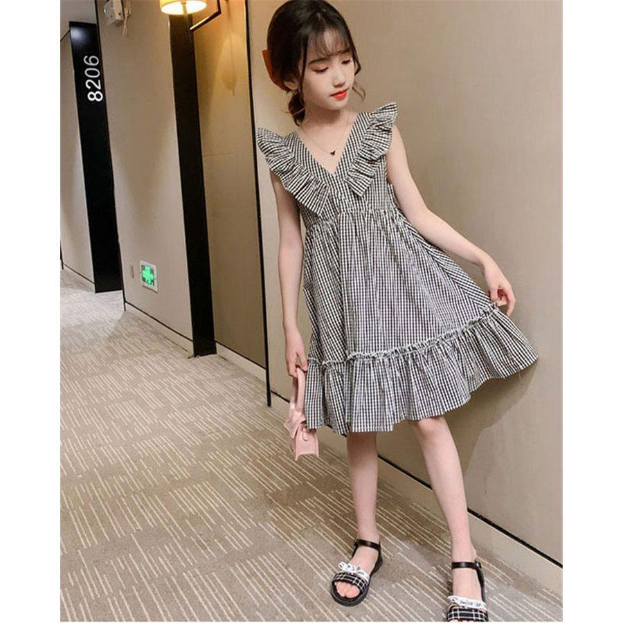注目ショップ ブランドのギフト 春夏 ワンピース 女の子 安い おしゃれ 子供服 ワンピース 新 カジュアル 可愛い おしゃれ お姫様 ジュニア 子供ドレス フリル チェック柄 Vネック キッズワンピース 夏 女の子 子供服 キッズ 子ども服