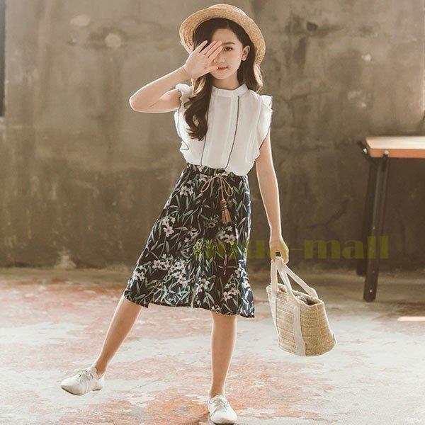 子供服 セットアップ 夏 女の子 キッズ 韓国子供服 上下セット シフォン トップス ノースリーブ ボトムス ガウチョパンツ 花柄 可愛い おしゃれ 15年製 新品