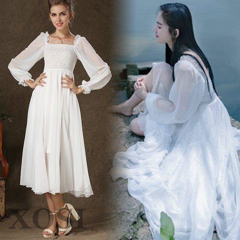 ワンピース 白ワンピース マキシワンピース 長袖ワンピース ロングワンピ シフォンワンピ リゾートワンピ 無地ワンピ カジュアル ロング丈 旅行 ワンピース 定番 Kec Landasanulin Banjarbarukota Go Id