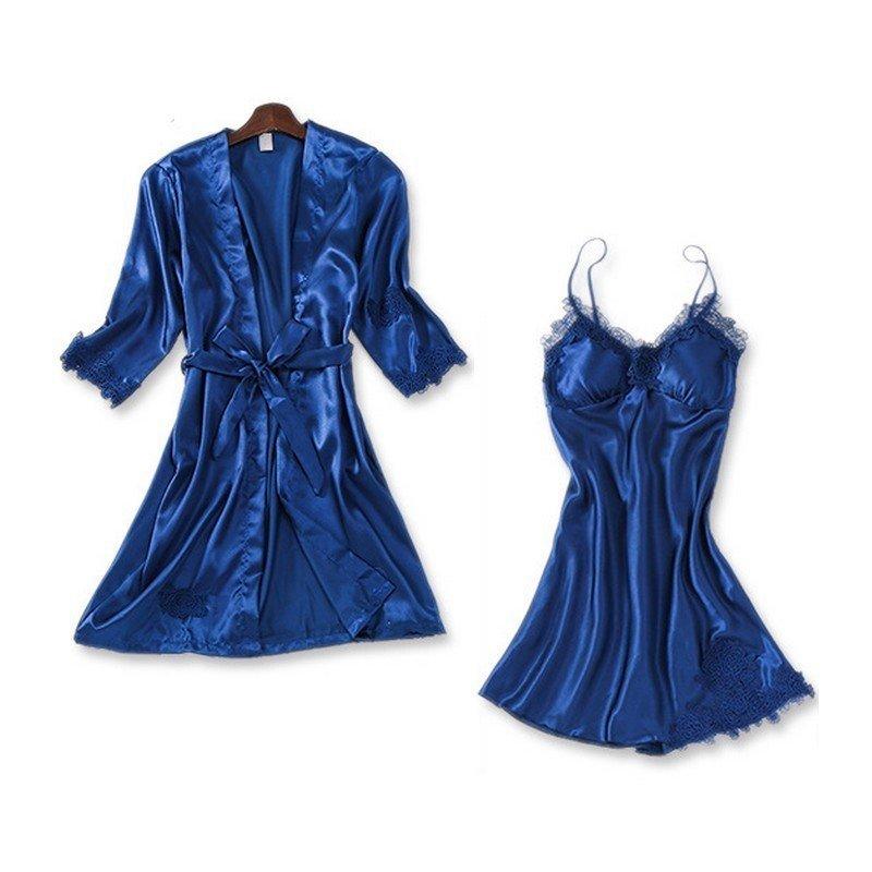 ルームウェア ナイトガウン キャミソールワンピース 上下2点セット ローブ 羽織り スリップ サテン調 レディース 婦人用 部屋着 パジャマ レース ルームウェア ナイトガウン キャミソールワンピース 上下2点セット