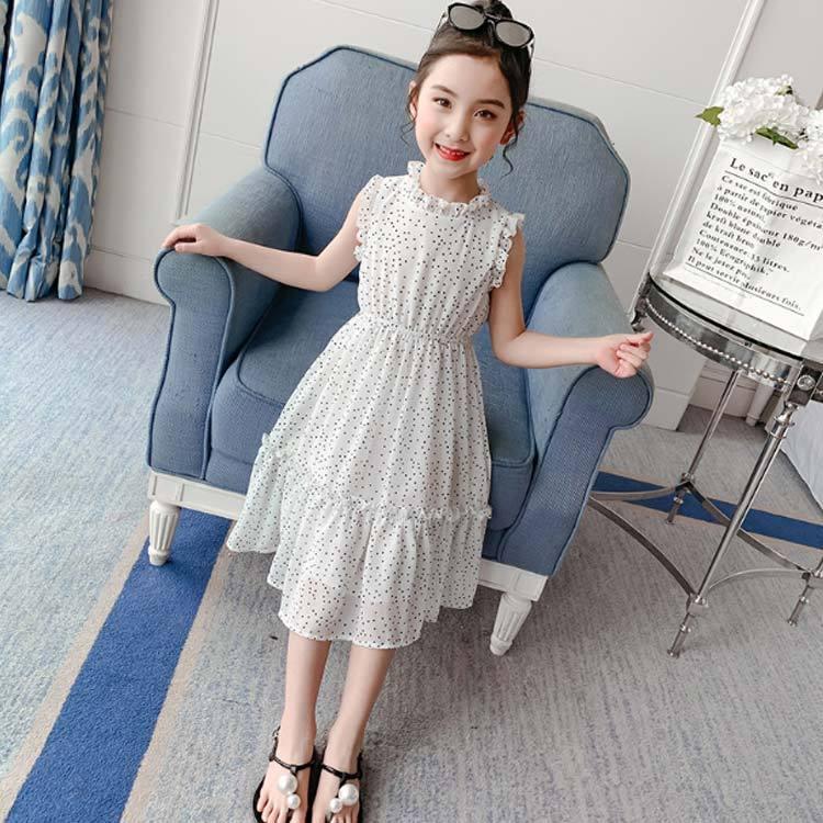 ティアードワンピース 子供服 ドット柄ワンピース ロング丈ワンピース マキシワンピース フレアワンピース ノースリーブ フリルネック 水玉柄 ゴム ド｜saisaisai｜02