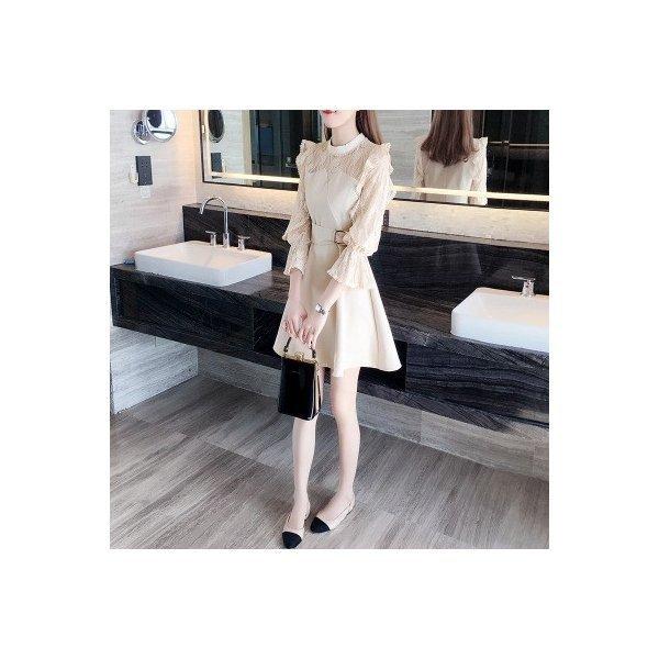 ワンピース レディース チュニック 7分袖 ベルスリーブ フリル付き ウエストベルト Aライン 切り替え 透かし彫り 透け感 バックファスナー 正規品直輸入