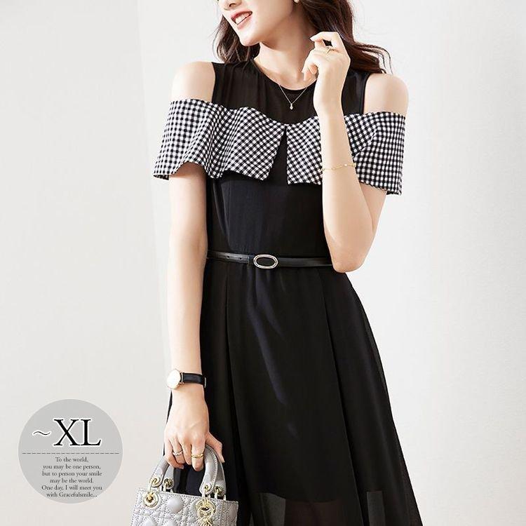 ワンピース チェック柄 ラウンドネック ノースリーブ ウエストマーク オフショルダー 膝下丈 キュート ふんわり 休日 母親 かわいい デート ワンピース チェック柄 ラウンドネック ノースリーブ ウエストマーク