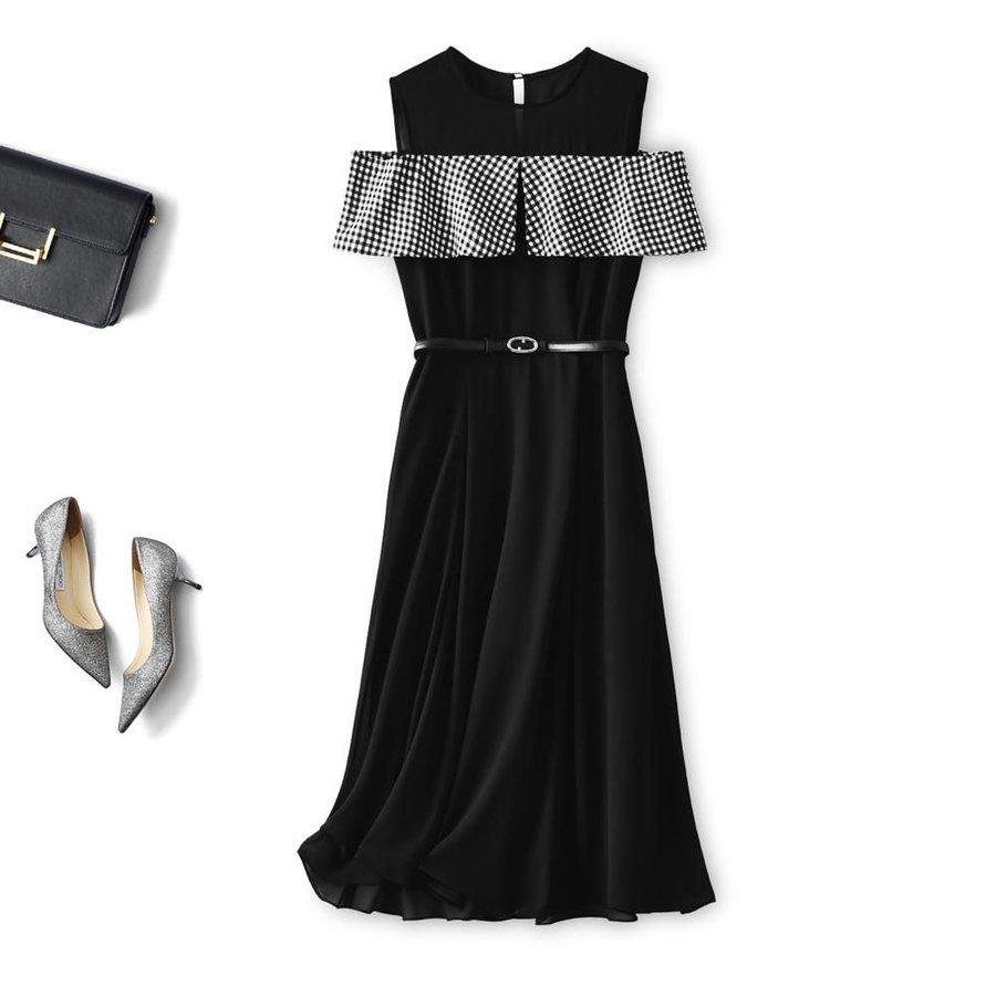 ワンピース チェック柄 ラウンドネック ノースリーブ ウエストマーク