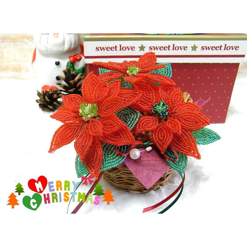 ビーズキット ビーズフラワークリスマス ポインセチアの籐かご 手芸