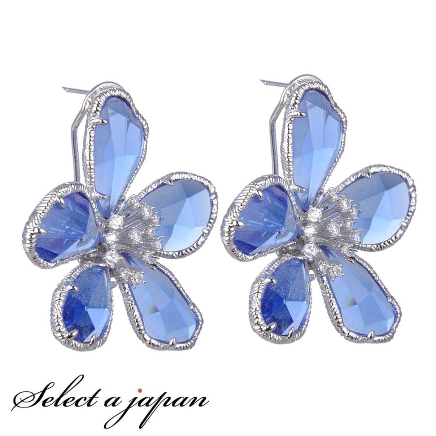 ピアス レディース 花 ビジュー 大ぶり ブルー シルバー 青 ジュエリー