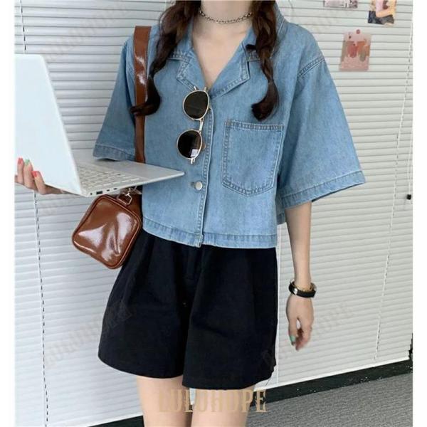 デニム調の半袖シャツ 楽天市場】シャツ 半袖 半袖シャツ 丸襟 プルオーバー 綿100