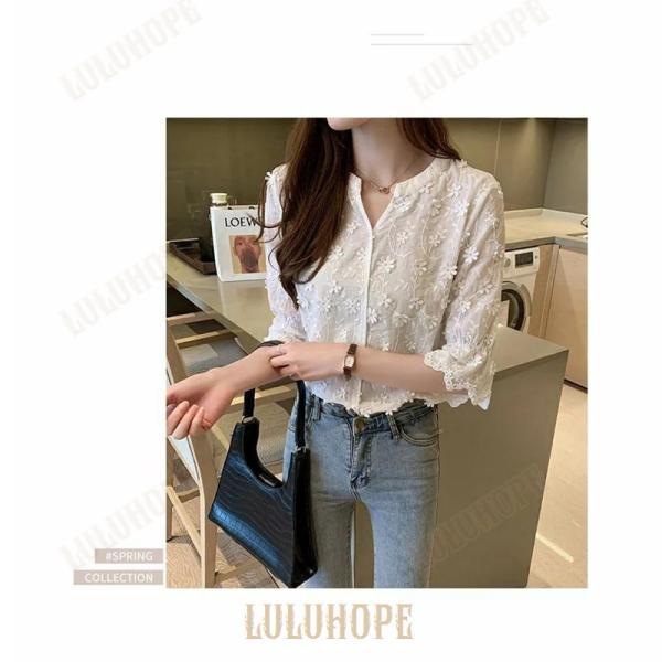 花柄 装飾 透け感 半袖 ブラウス半袖ブラウス ノーカラーシャツ